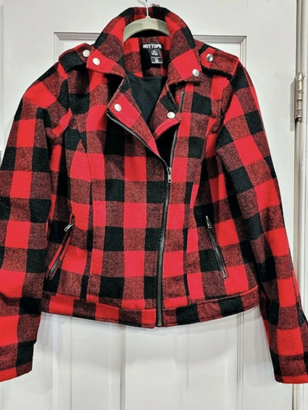 Hot Topic Red Black Buffalo Plaid Moto Jacket Zip Coat Medium Tailored Fit